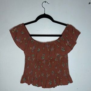 Love Tree Floral Print Brown Top With Ruffle Neckline and Hemline Size S